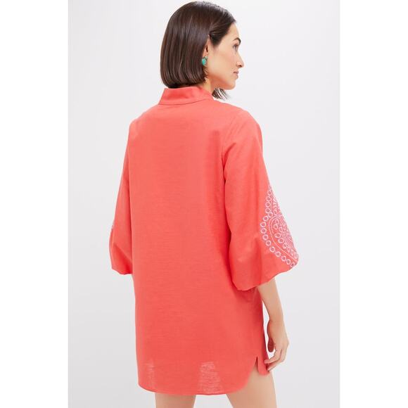 HYACINTH HOUSE Coral with Lavender Embroidery Mini Wisteria Caftan Size XS NWT - Picture 2 of 7